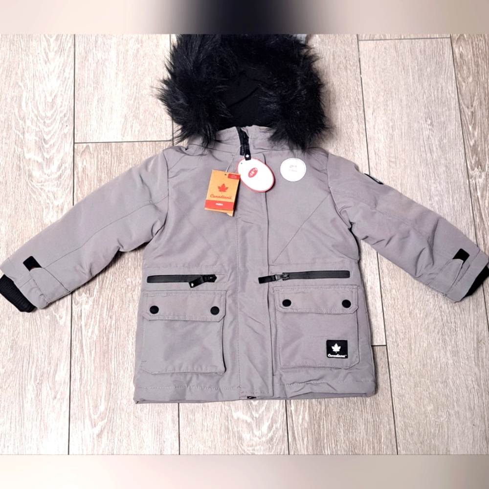 Canadiana Toddler Girls Gray Hooded Winter Snow Jacket with Black Fur Trim